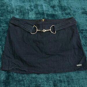 Vintage 90s Bongo Black Denim Mini Skirt with Horsebit Belt Size 11 Made in USA